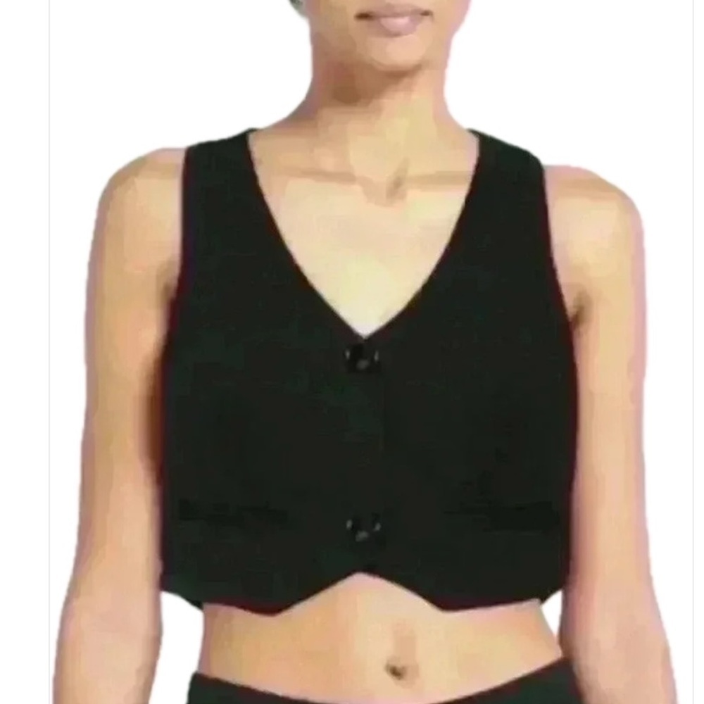 NWT! Merci Black Two Button V-Neck Black Cropped Vest Size Medium
